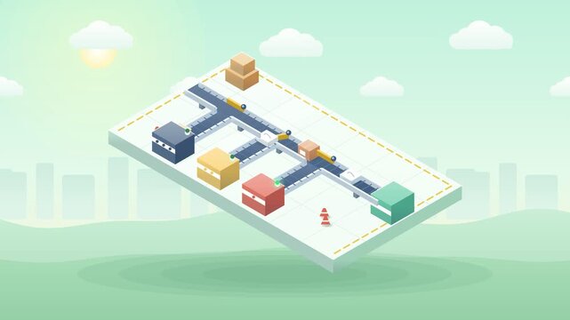 Isometric Logistics Hub with Automated Package Sorting Conveyor System Animation