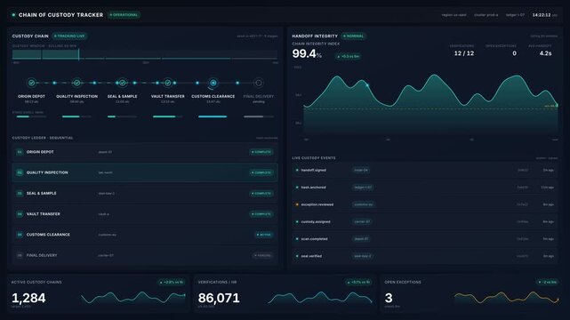 Chain custody tracker dashboard with supply chain monitoring, sequence verification, integrity index graphs, delivery logs for logistics asset tracking in 4k