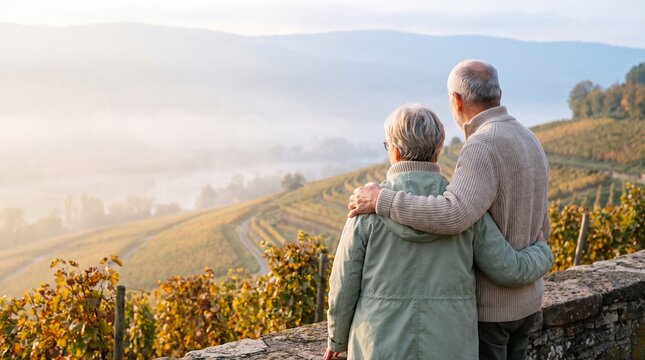 A Couple's Golden Years: An elderly couple stands arm in arm, gazing out at a breathtaking vineyard landscape bathed in the warm light of a fall morning.