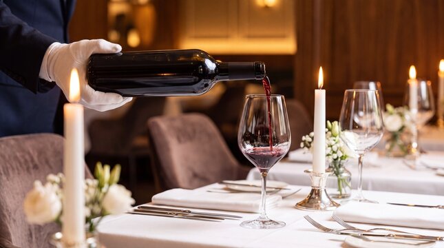 Wine Pouring Service: A gloved hand elegantly pours red wine from a dark bottle into a crystal glass, set on a beautifully decorated table in an upscale dining setting, illuminated by candlelight.