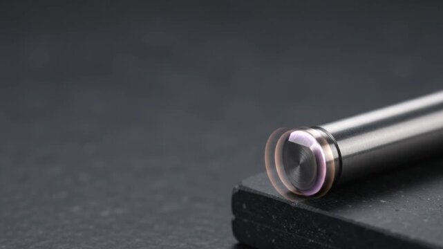 Extreme close-up of dark titanium alloy rod on basalt stone with subtle glowing lavender phase transition and vast clean empty copy space for text