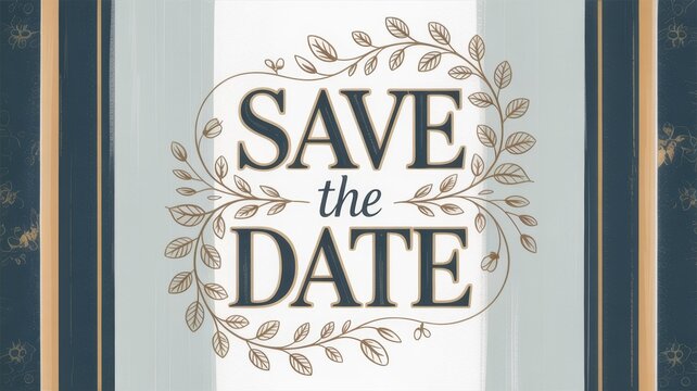 Save the date text surrounded by a decorative floral vine wreath on a blue with announcement elegant typography illustration