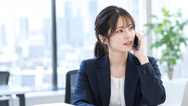 明るいオフィスでスマートフォンを耳にあて、窓の外を見ながら電話対応をするスーツ姿の女性社員