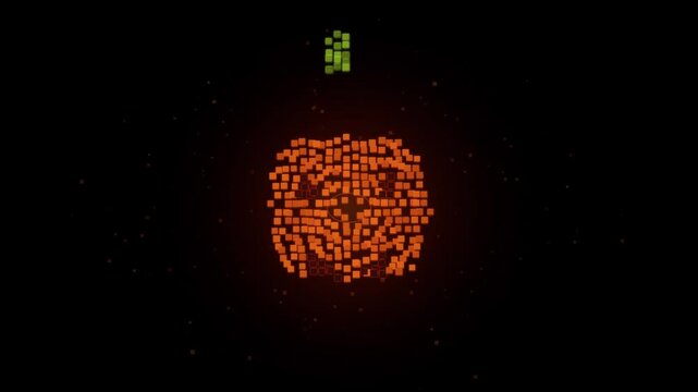 Abstract pixelated shape glowing with orange and green dots in a dark cosmic space creates a futuristic digital art background.