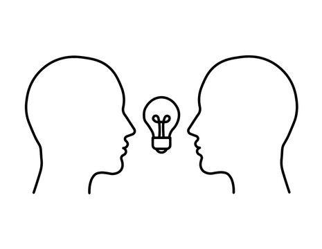Two human head silhouettes facing each other with a central light bulb icon representing communication and creative brainstorming isolated on transparent background for business and education projects