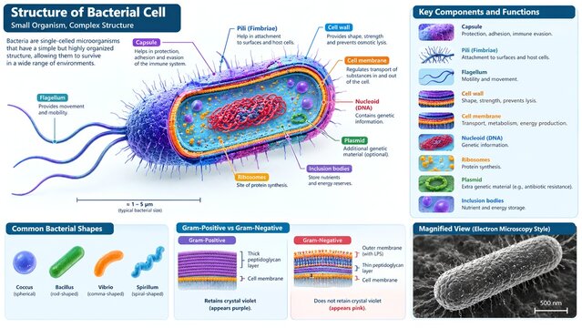 Detailed 3D scientific infographic illustrating bacterial cell structure, capsule, flagellum, ribosomes, DNA, plasmids, cell membrane, and Gram-positive and Gram-negative envelopes for microbiology ed