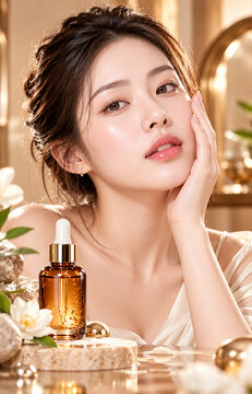 Beautiful Woman Touching Smooth Face with Golden Essence Serum Bottle