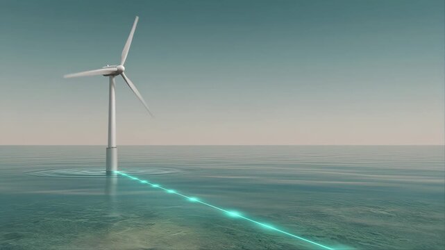 a single offshore wind turbine on calm stylized sea, a glowing subsea power cable running from its base across the seabed