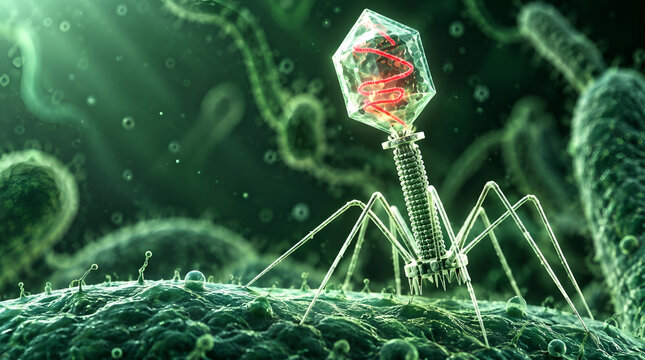 Microscopic 3D illustration of a bacteriophage virus attacking a bacterial cell, representing genetic infection, microbiology, and medical research in a green cellular environment