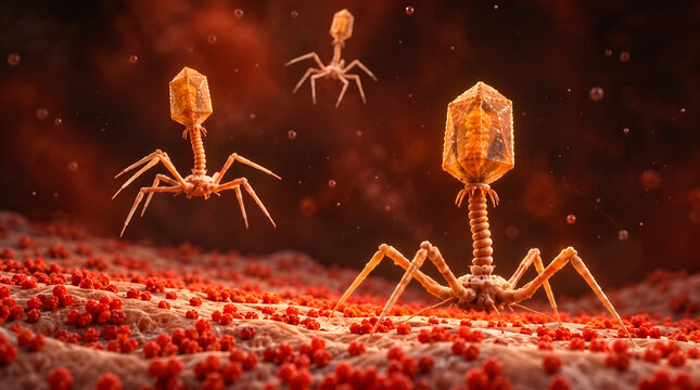 3D illustration of bacteriophage viruses attacking bacteria cells on a microscopic biological level, medical science concept showcasing phage therapy and pathogen destruction in the human body