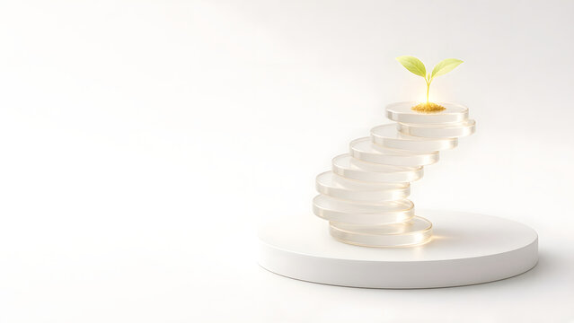 Minimal 3D concept of blank translucent glass coins stacked into a rising spiral that feeds a small glowing seedling sprouting from a white pedestal