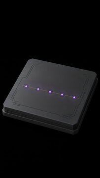 3D render of a tiny silicon chip with a neat row of five glowing quantum dots connected