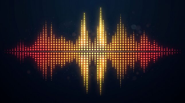 Glowing digital sound wave equalizer graphic pulsing with energetic light, symbolizing modern audio technology and music rhythm frequency