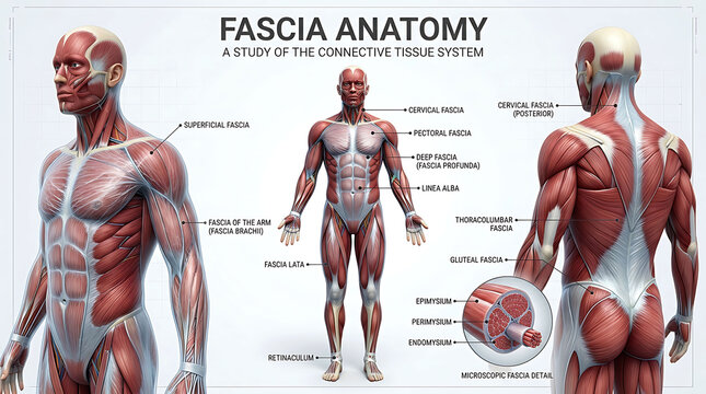 Anatomy chart showing human fascia, connective tissue system, and muscle layers