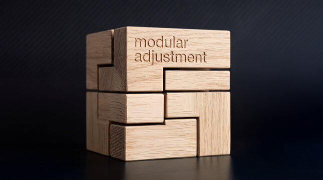 Modular adjustment concept with interlocking wooden blocks on dark background.