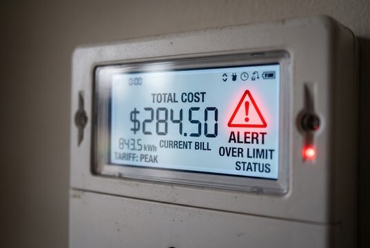 Smart energy meter display showing high cost and alert status, capturing energy crisis and inflation themes for utility price hike reports and financial news marketing.