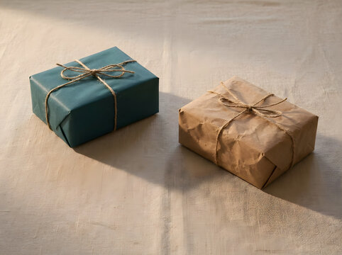 Rustic gift boxes wrapped in teal and brown kraft paper with twine bows, minimalist holiday parcels on linen, eco-friendly gift packaging