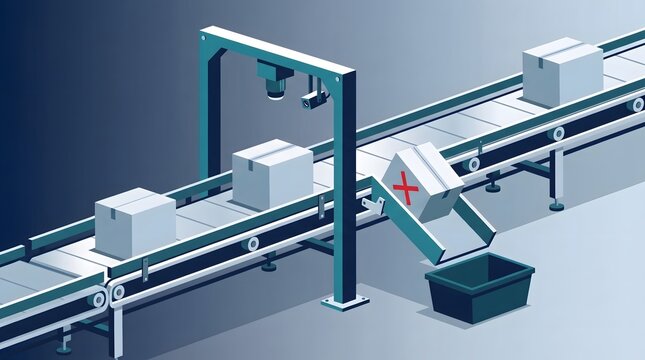 Machine-vision camera diverts one defective product from a conveyor, vector illustration