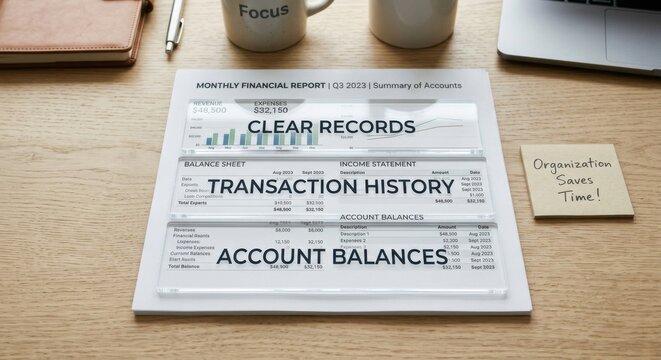 Monthly Financial Report Showing Clear Records, Transaction History, and Account Balances on a Desk