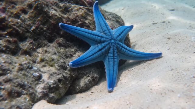 Blue Sea Star Crawling Across Reef Rock