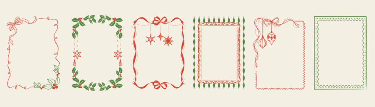 Elegant Christmas decorative frames vector set with hand drawn ribbons, holly foliage, hanging stars and vintage ornamental borders