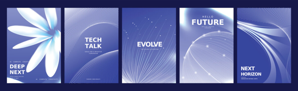 Lavender blue technology conference poster collection vector with luminous flowerlike ribbons, delicate flowing lines and futuristic gradient backgrounds