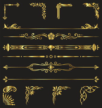 Golden ornamental page dividers and corner flourishes for luxury wedding invitation sets