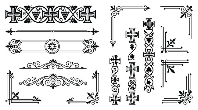 Gothic cross ornament collection with antique vine borders and corner accents for layout