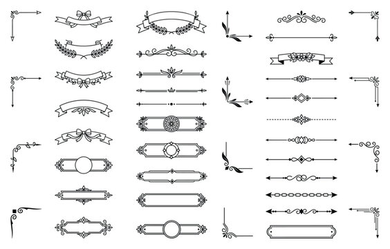 Outline vintage ornamental borders dividers and corners for graphic designs