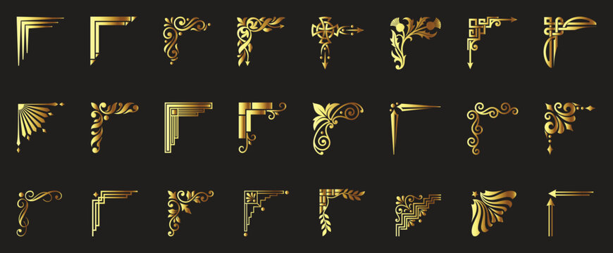 Luxury golden corner frame elements with metallic gradient texture on black background art