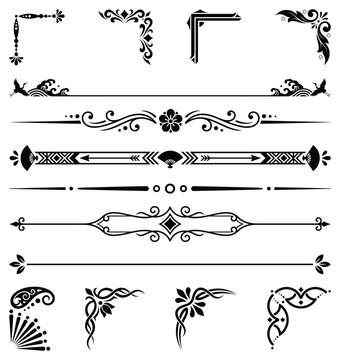Vintage floral page dividers and decorative corner flourishes set in black ink style