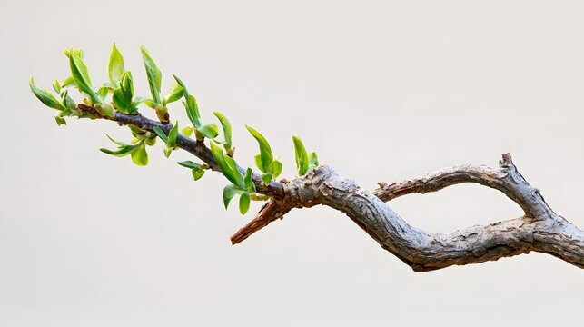 A resilient tree branch with fresh green leaves emerging from weathered bark against a soft neutral background