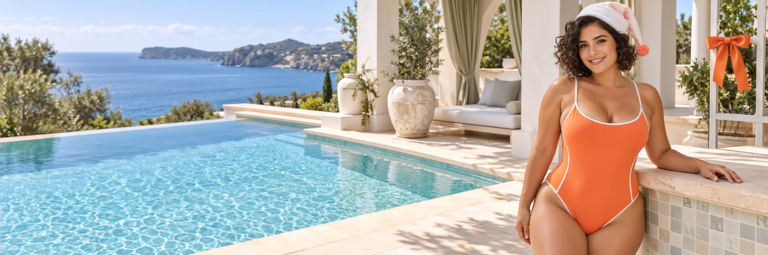 Smiling woman in an orange swimsuit and Santa hat standing by an infinity pool. Female enjoying a luxury tropical Christmas vacation at a coastal villa. Warm weather holiday getaway