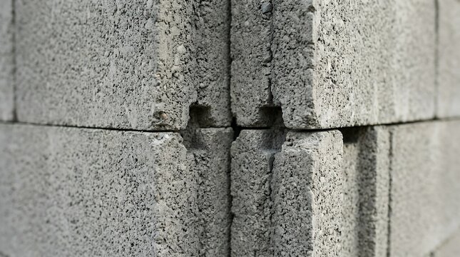 Detailed macro perspective of a solid masonry partition displaying the coarse structural details and granular finish of the individual interlocking building units  close-up stone block wall