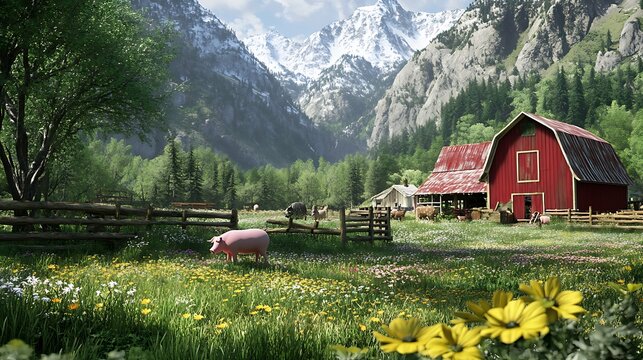 Farm landscape featuring red barn pasture fence and snowy mountain peaks under bright daylight during summer season