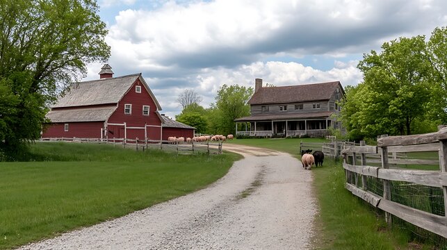 Historic rural farm landscape featuring vibrant red wooden barn, rustic farmhouse, gravel road, and farm animals