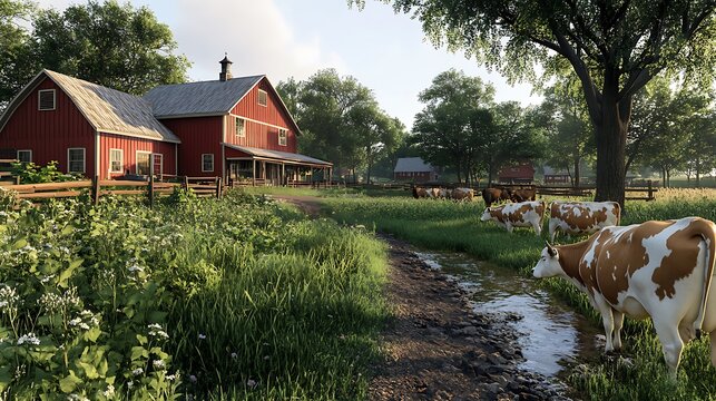Red barn and cows grazing peacefully near small winding stream on green rural farm landscape during bright sunny day