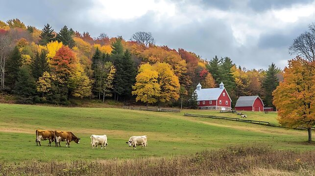 Scenic rural landscape featuring red barns, grazing cows, and vibrant autumn foliage covering rolling green hills under cloudy sky