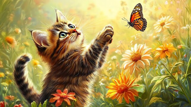 Tabby kitten playing with monarch butterfly in sunny garden surrounded by blooming colorful flowers during spring daytime