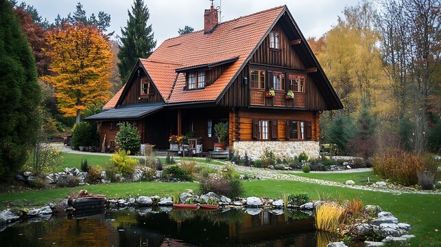 Traditional wooden house surrounded by vibrant autumn forest foliage and peaceful pond landscape during daytime lighting