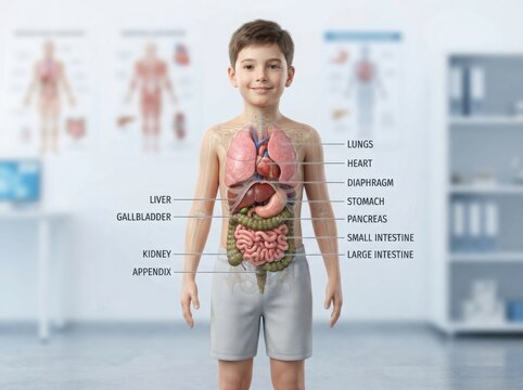Educational anatomy chart of human boy internal organs illustration