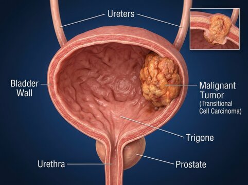 Medical illustration of bladder tumor and anatomy illustration