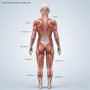Human female muscular system anatomy posterior view illustration