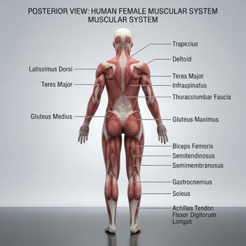 Posterior view of human female muscular system diagram illustration