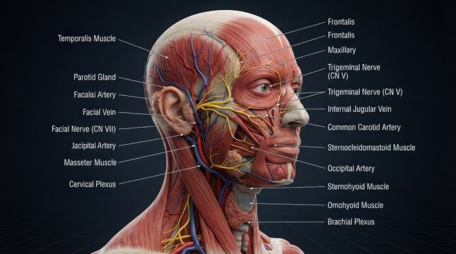 Anatomy of human head muscles and nerves with labels illustration