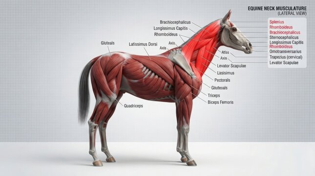 Anatomy chart showing horse neck muscle structure illustration