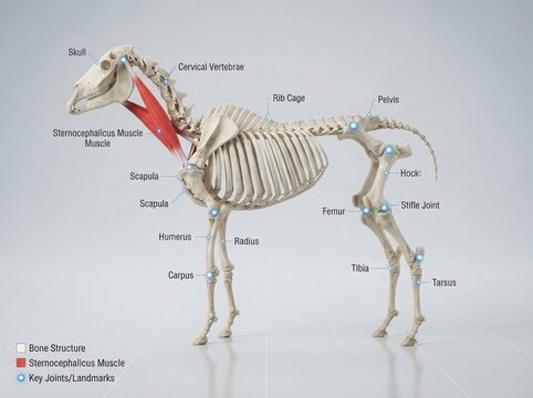 Anatomy of horse skeleton and sternocephalicus muscle illustration