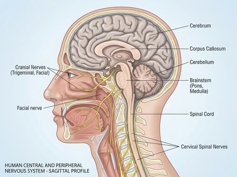 Anatomical Diagram of Human Brain and Nervous System Profile illustration