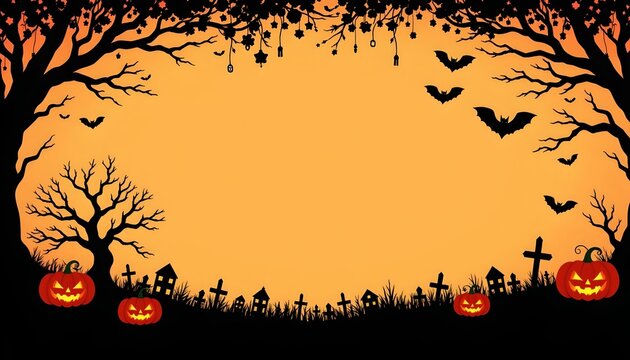 A Halloween night scene, featuring a dark backdrop with illuminated jack o' lanterns lining either side of the frame. A silhouetted tree stands behind these lanterns, enhancing the spooky atmosphere