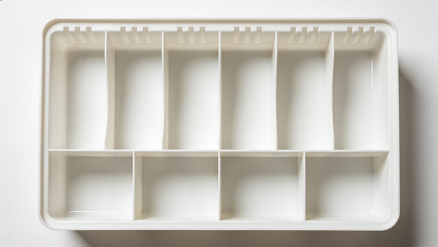 Empty white plastic cash register tray with coin compartments seen from above